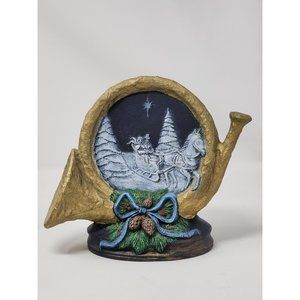 Vintage Hand Painted Ceramic Christmas‎ Horn Sleigh Ride In The Night Sky